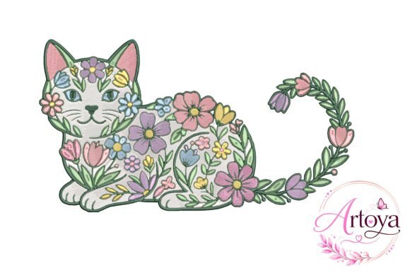 Floral Cat Embroidery Design for Seasonal Products
